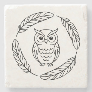 Folk Owl Line Art Surrounded by Feathers Stone Coaster