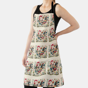 Folk Patchwork Rooster with Floral Accents Apron
