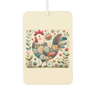 Folk Patchwork Rooster with Floral Accents Car Air Freshener