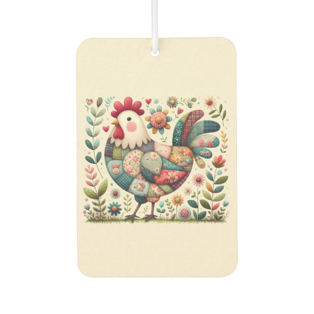 Folk Patchwork Rooster with Floral Accents Car Air Freshener (Front)