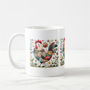 Folk Patchwork Rooster with Floral Accents Coffee Mug