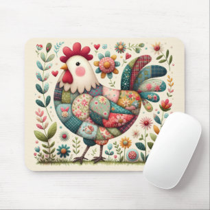 Folk Patchwork Rooster with Floral Accents Mouse Mat