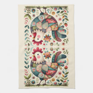 Folk Patchwork Rooster with Floral Accents Tea Towel