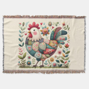Folk Patchwork Rooster with Floral Accents Throw Blanket
