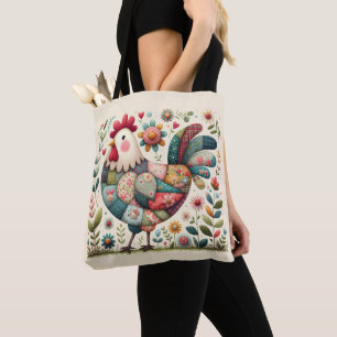 Folk Patchwork Rooster with Floral Accents Tote Bag