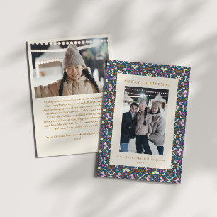 Folk Pattern Border Colourful Christmas Photo Blue Holiday Card