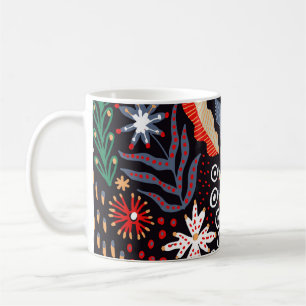 Folk pattern, seamless textile design with bright coffee mug