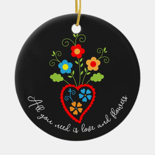 Folk portuguese blooming heart ceramic tree decoration (Front)