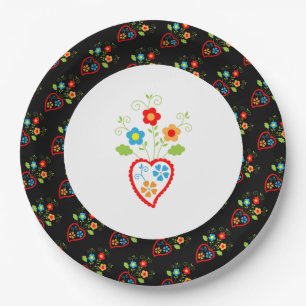 Folk portuguese blooming heart paper plate