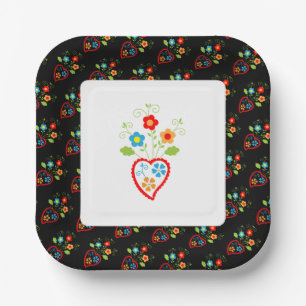 Folk portuguese blooming heart paper plate