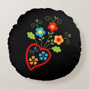 Folk portuguese blooming heart round cushion