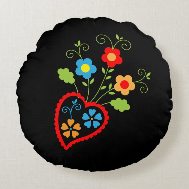 Folk portuguese blooming heart round cushion (Front)