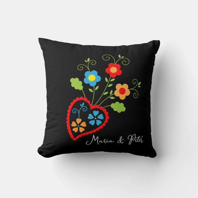 Folk portuguese blooming heart throw pillow (Front)