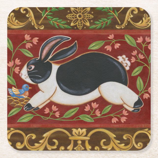 Folk Rabbit Square Paper Coaster (Front)