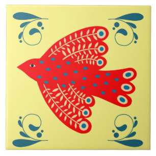 folk red bird on the yellow background Right Tile