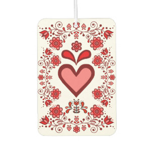 Folk Red heart floral flower design/white R Car Air Freshener