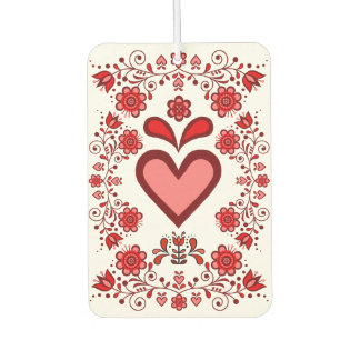 Folk Red heart floral flower design/white R Car Air Freshener