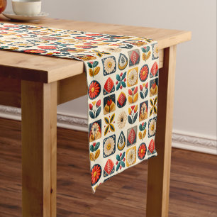 Folk Retro Floral Mosaic Pattern Medium Table Runner