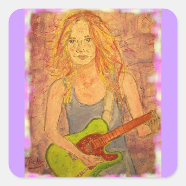 folk rock girl playin' electric square sticker (Front)