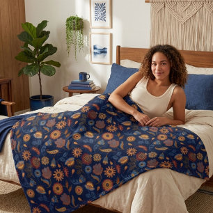 Folk Rustic Floral Fleece Blanket