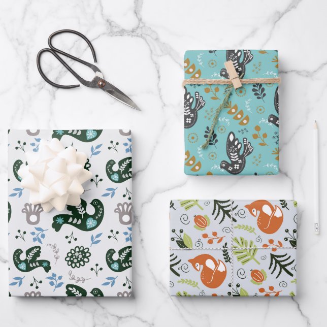 Folk Scandy Swedish Bird Fox Set Of 3 Wrapping Paper Sheet (Front)