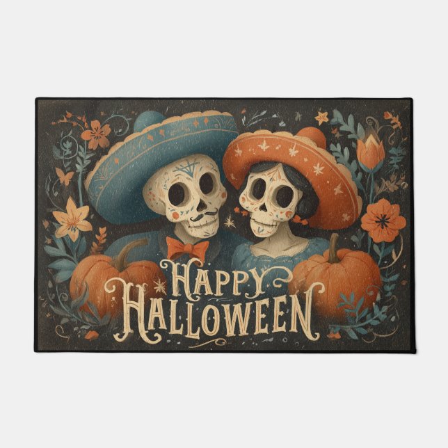 Folk Skull Couple with Pumpkins Happy Halloween Doormat (Front)