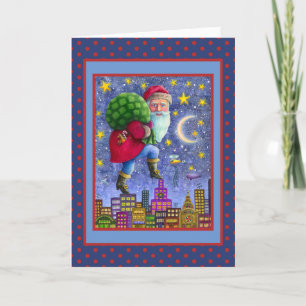FOLK ST. NICK TIPTOES ON ROOFTOPS WITH BAG OF TOYS HOLIDAY CARD