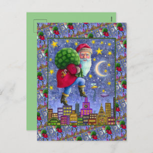 FOLK ST. NICK TIPTOES ON ROOFTOPS WITH BAG OF TOYS HOLIDAY POSTCARD