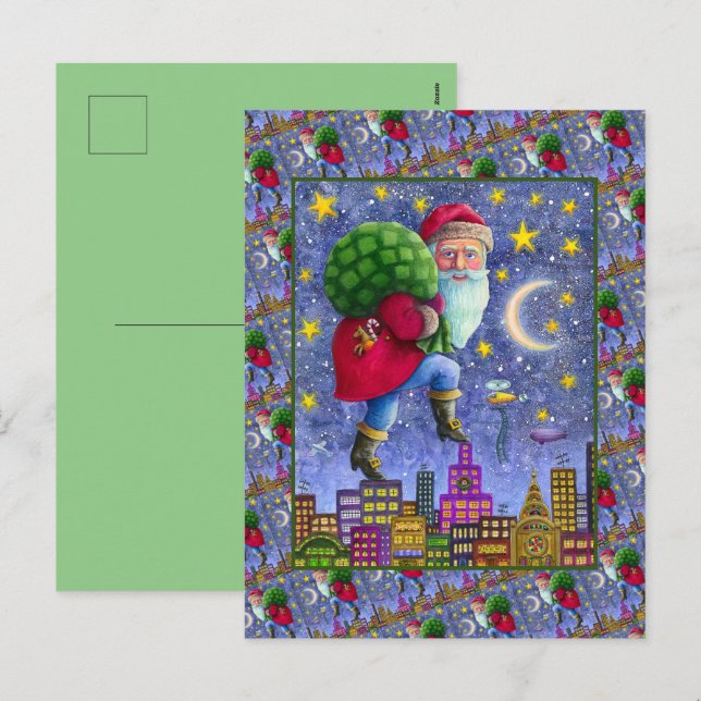 FOLK ST. NICK TIPTOES ON ROOFTOPS WITH BAG OF TOYS HOLIDAY POSTCARD (Front/Back)