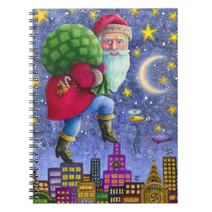 FOLK ST. NICK TIPTOES ON ROOFTOPS WITH BAG OF TOYS NOTEBOOK