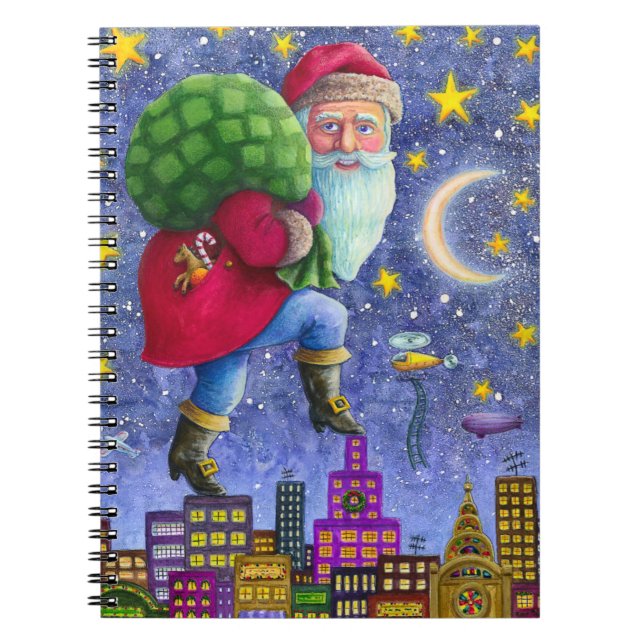 FOLK ST. NICK TIPTOES ON ROOFTOPS WITH BAG OF TOYS NOTEBOOK (Front)