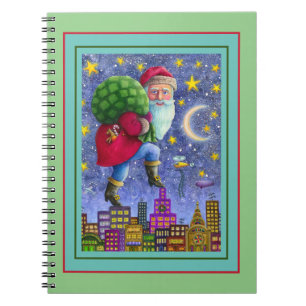 FOLK ST. NICK TIPTOES ON ROOFTOPS WITH BAG OF TOYS NOTEBOOK