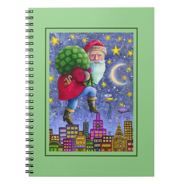 FOLK ST. NICK TIPTOES ON ROOFTOPS WITH BAG OF TOYS NOTEBOOK (Front)