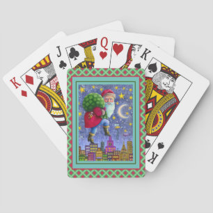FOLK ST. NICK TIPTOES ON ROOFTOPS WITH BAG OF TOYS PLAYING CARDS