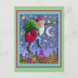 FOLK ST. NICK TIPTOES ON ROOFTOPS WITH BAG OF TOYS POSTCARD