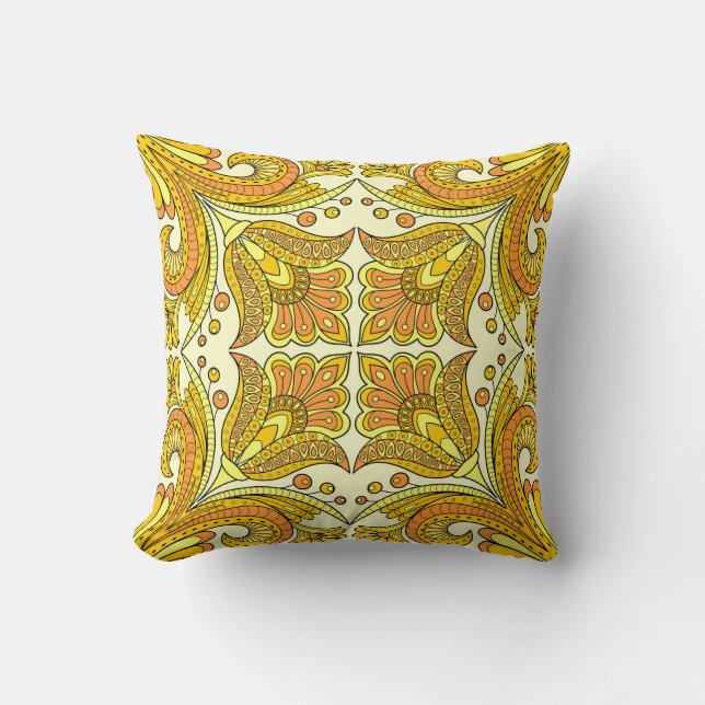 Folk style floral design in yellow cushion (Front)