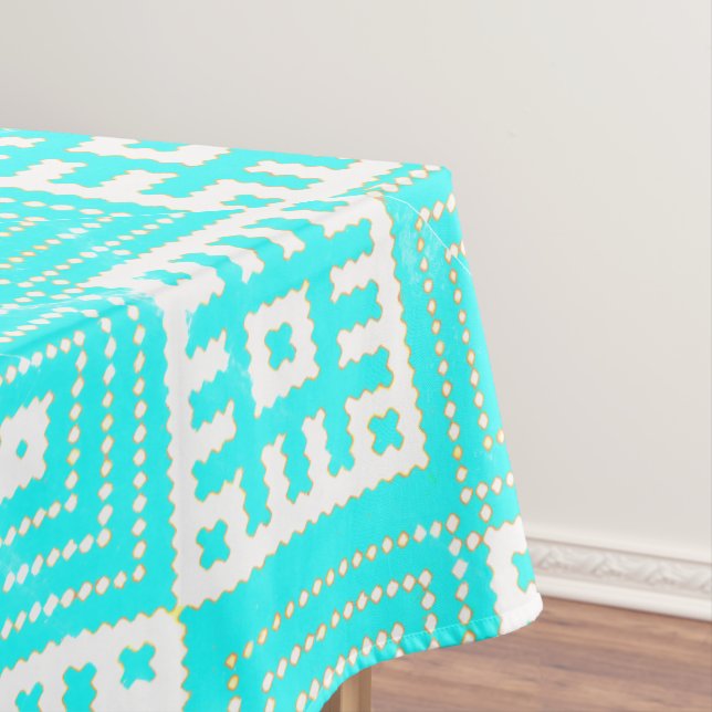 Folk Stylised Print Turquoise White Tablecloth (In Situ)