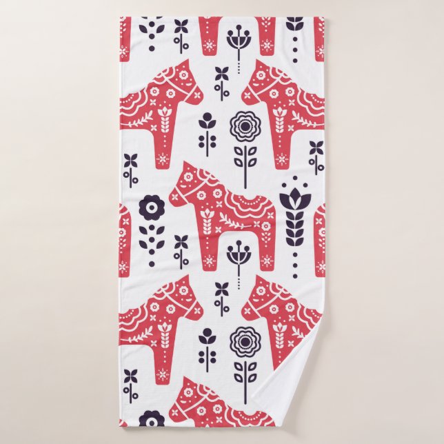 Folk swedish horse floral seamless pattern.  bath towel (Bath Towel)