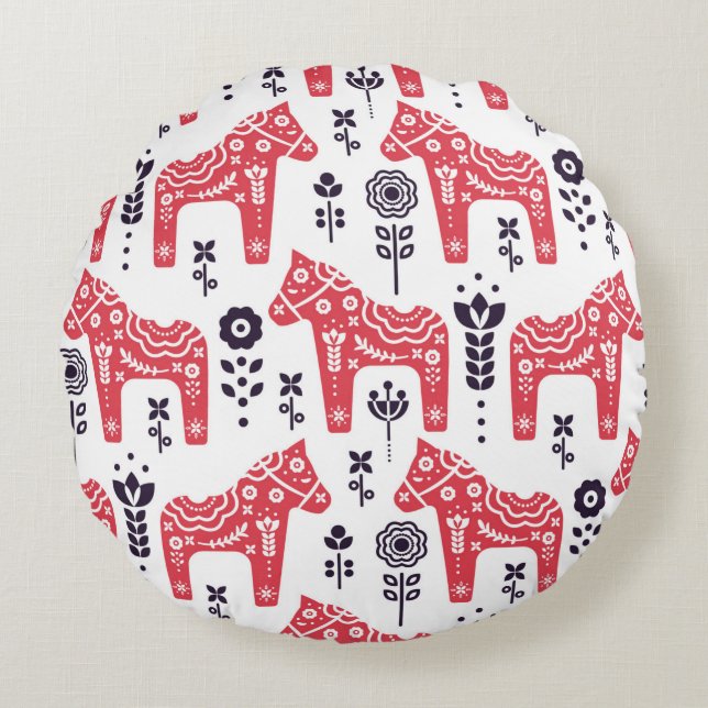 Folk swedish horse floral seamless pattern.  round cushion (Front)