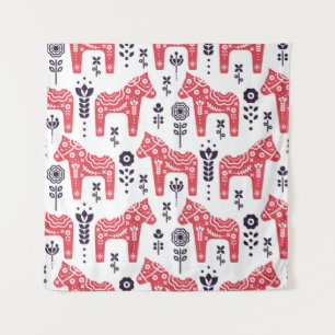 Folk swedish horse floral seamless pattern. tapestry