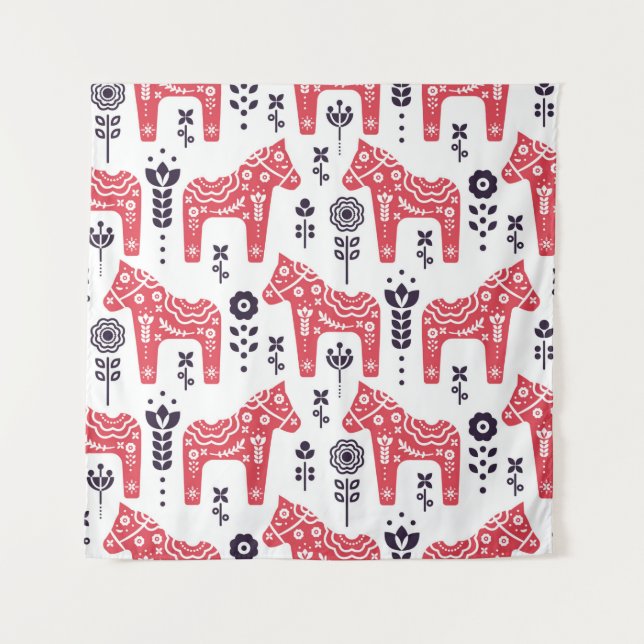 Folk swedish horse floral seamless pattern.  tapestry (Front)