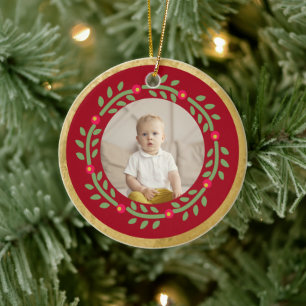 Folk Wreath Photo Christmas Ceramic Tree Decoration