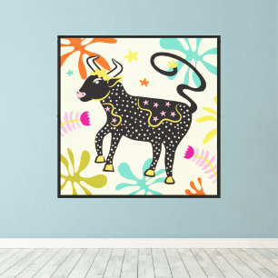 Folkart Boho Taurus Bull Abstract Zodiac Canvas Print