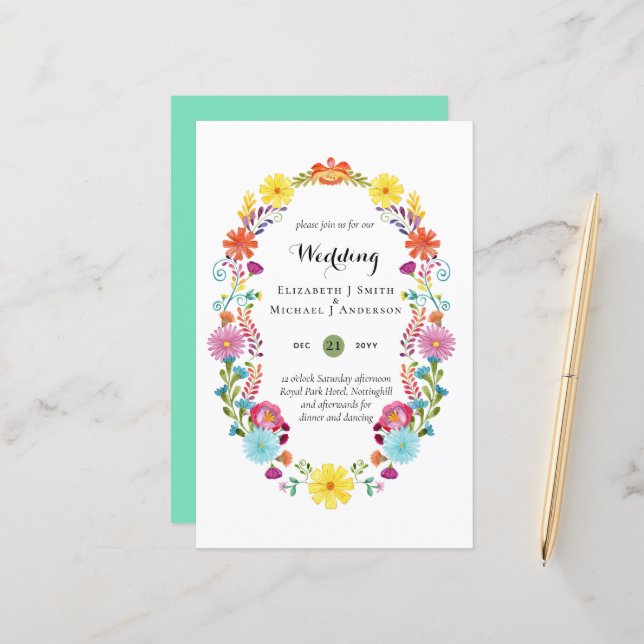 Folkart Flower Fiesta Wedding Invitation Boda  (Front/Back In Situ)