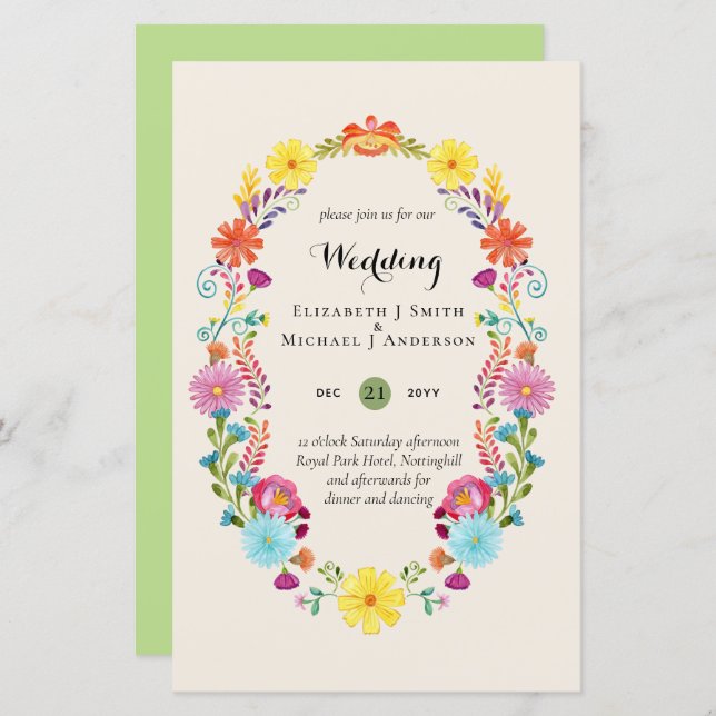 Folkart Flower Fiesta Wedding Invitation Boda  (Front/Back)