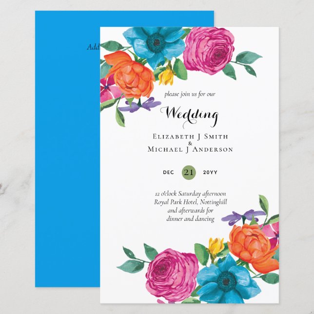 Folkart Flower Fiesta Wedding Invitation Boda  (Front/Back)