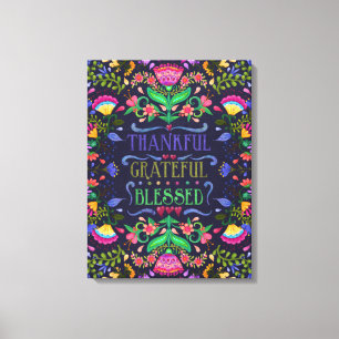Folkart Thankful, Grateful, Blessed   Floral Art Canvas Print