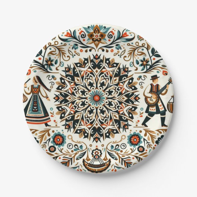 Folklore Feast: Vibrant Folk Art Paper Plate  (Front)