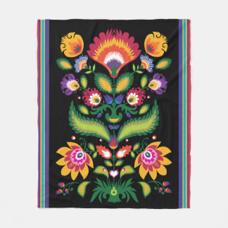 Folklore flowers, mix of colours 2 on black fleece blanket
