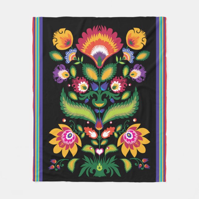 Folklore flowers, mix of colours 2 on black fleece blanket (Front)
